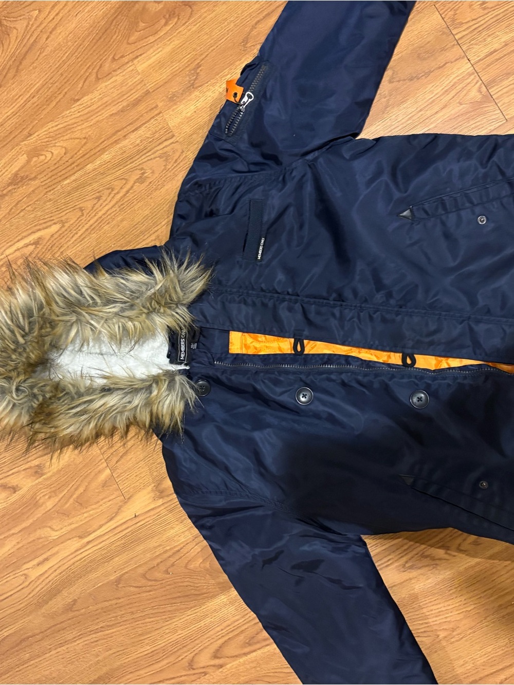 Members Only Navy and Orange Girls' Hooded Puffer Coat with Faux Fur Trim
